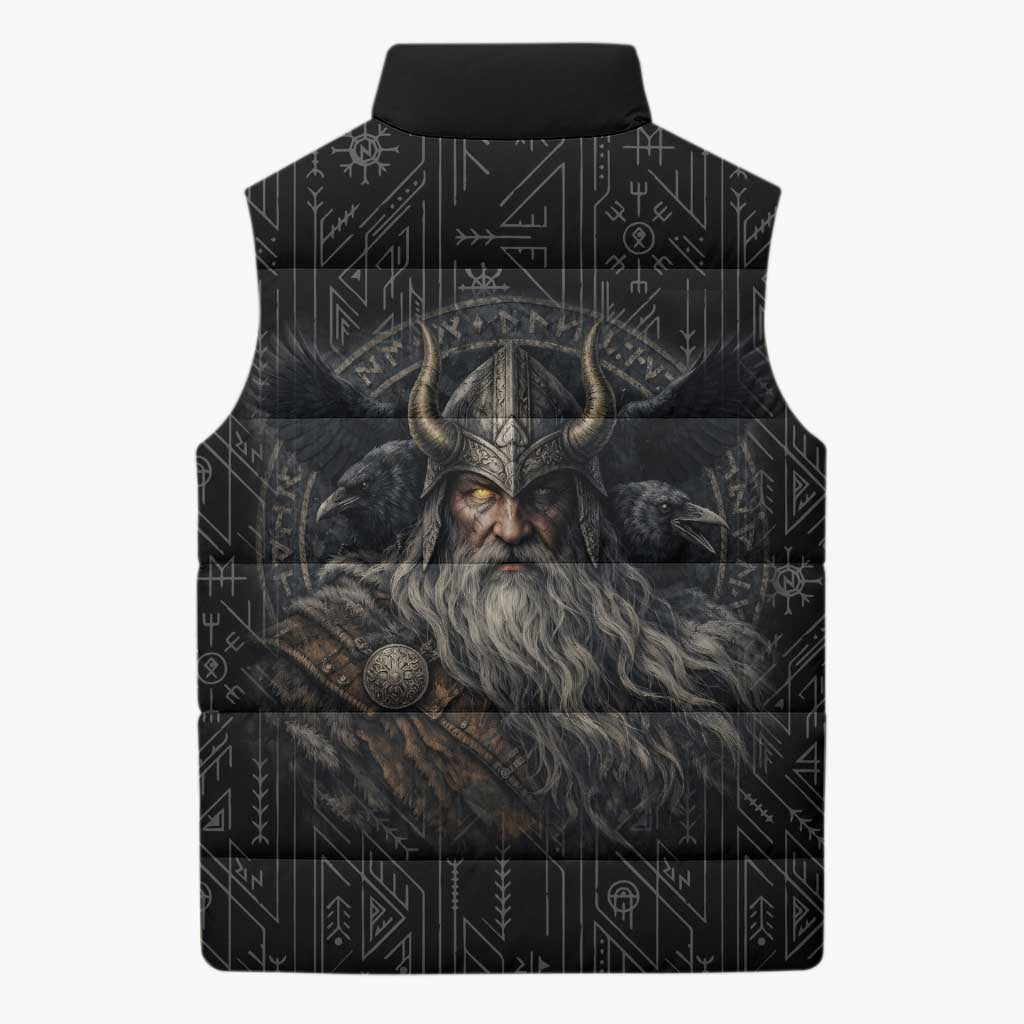 Vikings Odin Sleeveless Puffer Jacket with Viking Runes and Ravens Norse Mythology - Wonder Print Shop