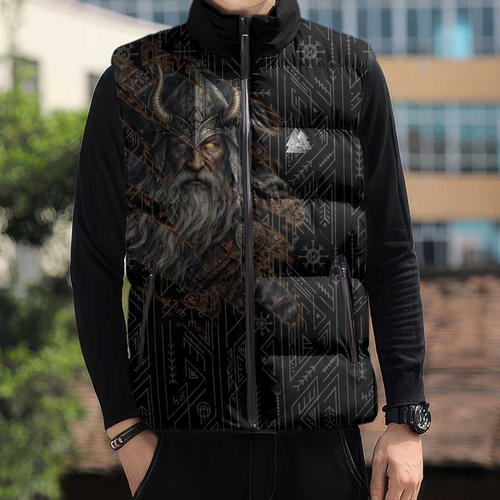 Vikings Odin Sleeveless Puffer Jacket with Viking Runes and Ravens Norse Mythology - Wonder Print Shop