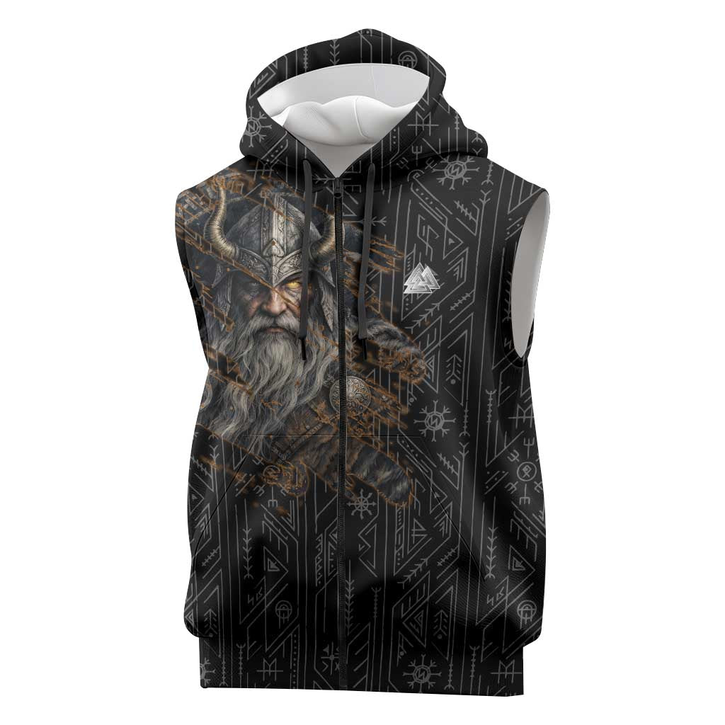 Vikings Odin Sleeveless Zip Hoodie with Viking Runes and Ravens Norse Mythology - Wonder Print Shop