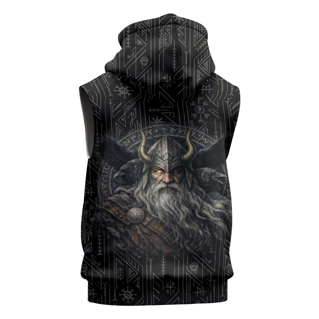 Vikings Odin Sleeveless Zip Hoodie with Viking Runes and Ravens Norse Mythology - Wonder Print Shop