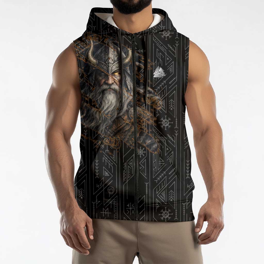 Vikings Odin Sleeveless Zip Hoodie with Viking Runes and Ravens Norse Mythology - Wonder Print Shop