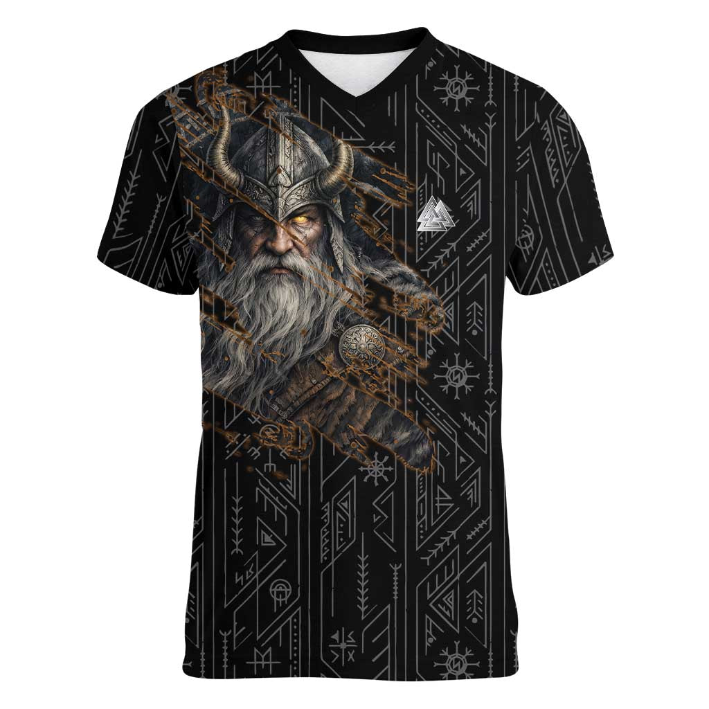 Vikings Odin Women V-Neck T-Shirt with Viking Runes and Ravens Norse Mythology - Wonder Print Shop