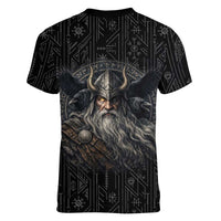 Vikings Odin Women V-Neck T-Shirt with Viking Runes and Ravens Norse Mythology - Wonder Print Shop