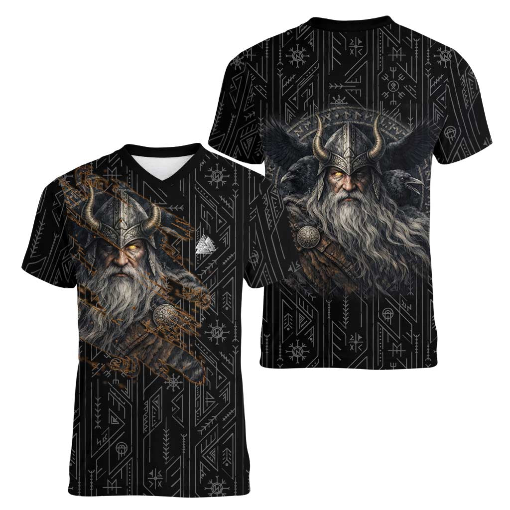 Vikings Odin Women V-Neck T-Shirt with Viking Runes and Ravens Norse Mythology - Wonder Print Shop