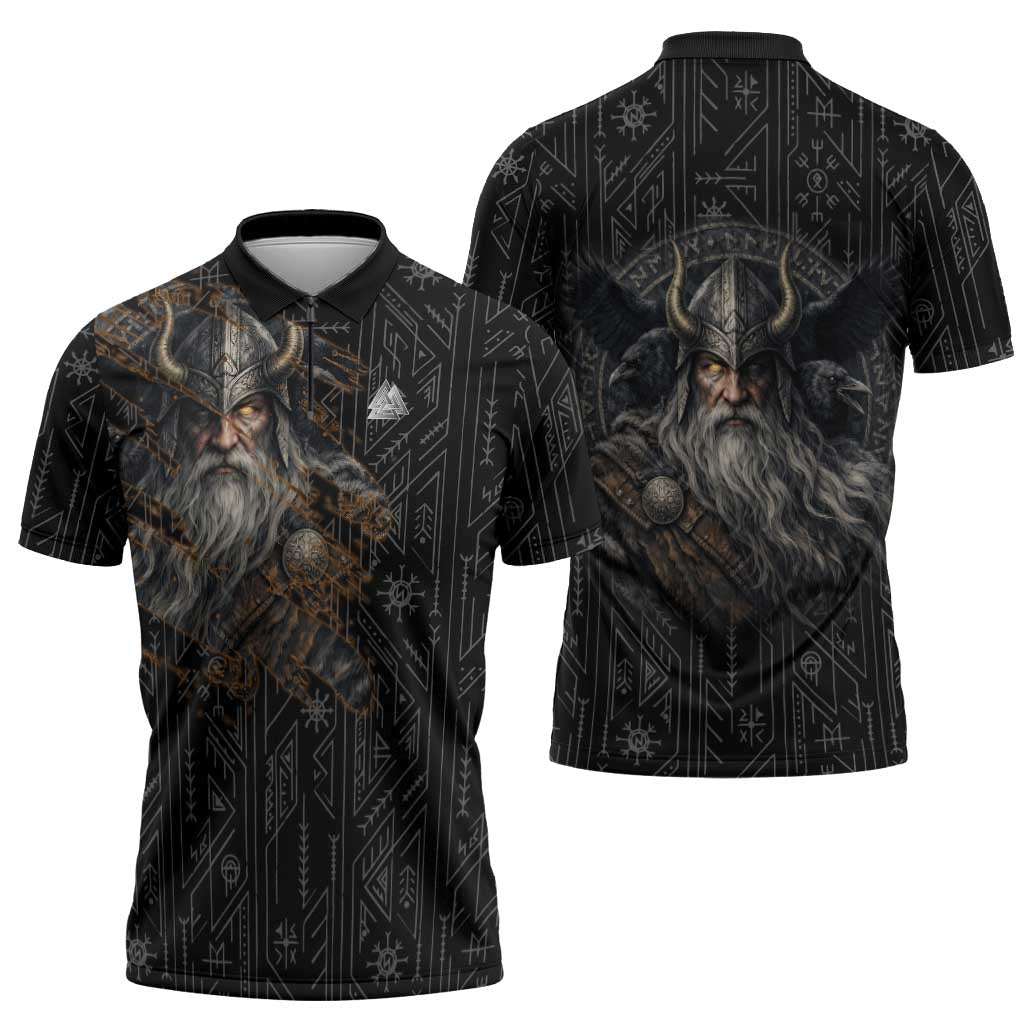 Vikings Odin Zipper Polo Shirt with Viking Runes and Ravens Norse Mythology - Wonder Print Shop
