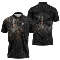 Vikings Odin Zipper Polo Shirt with Viking Runes and Ravens Norse Mythology - Wonder Print Shop