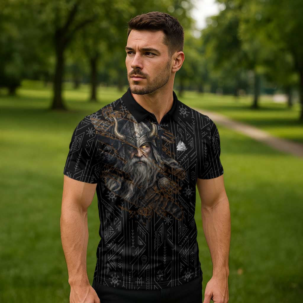Vikings Odin Zipper Polo Shirt with Viking Runes and Ravens Norse Mythology - Wonder Print Shop
