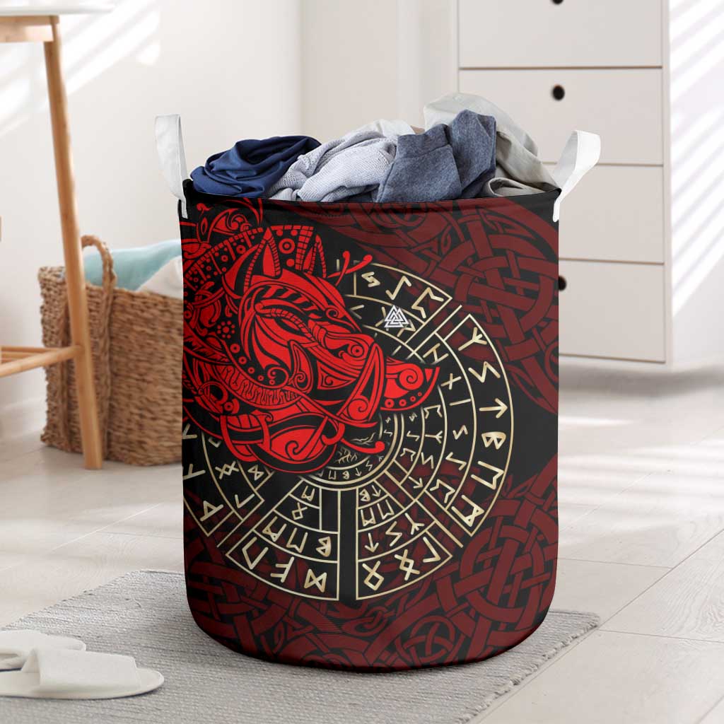Yggdrasil Laundry Basket with Red Norse Dragon and Runes Viking Heritage Tribute - Wonder Print Shop