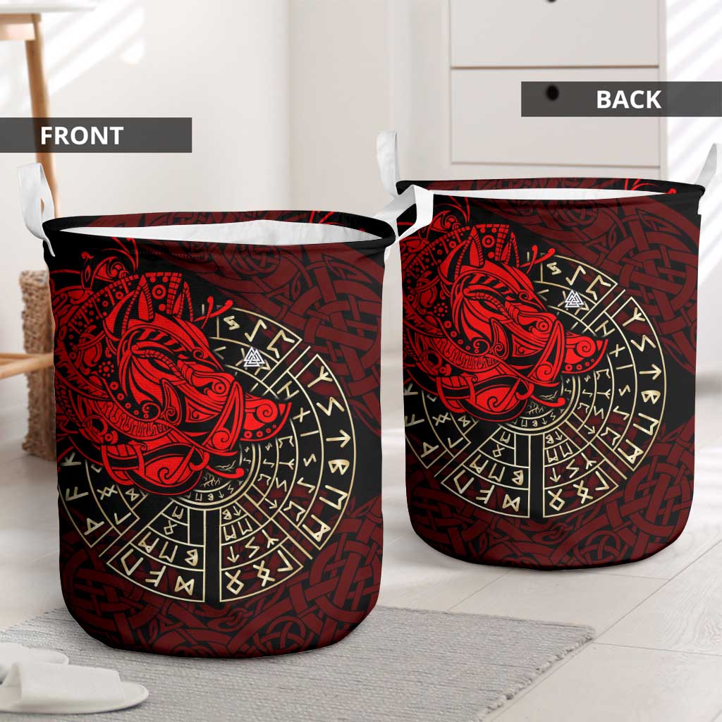 Yggdrasil Laundry Basket with Red Norse Dragon and Runes Viking Heritage Tribute - Wonder Print Shop