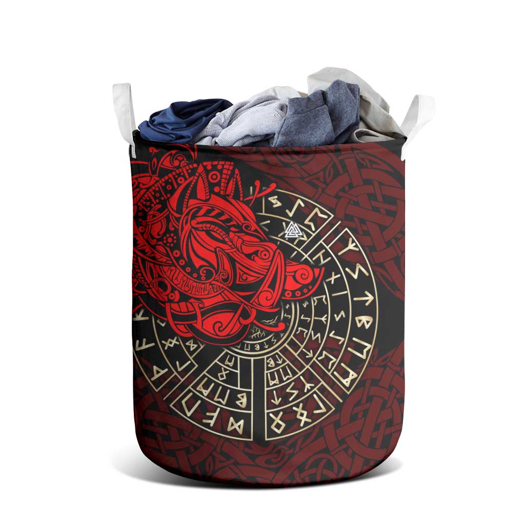 Yggdrasil Laundry Basket with Red Norse Dragon and Runes Viking Heritage Tribute - Wonder Print Shop