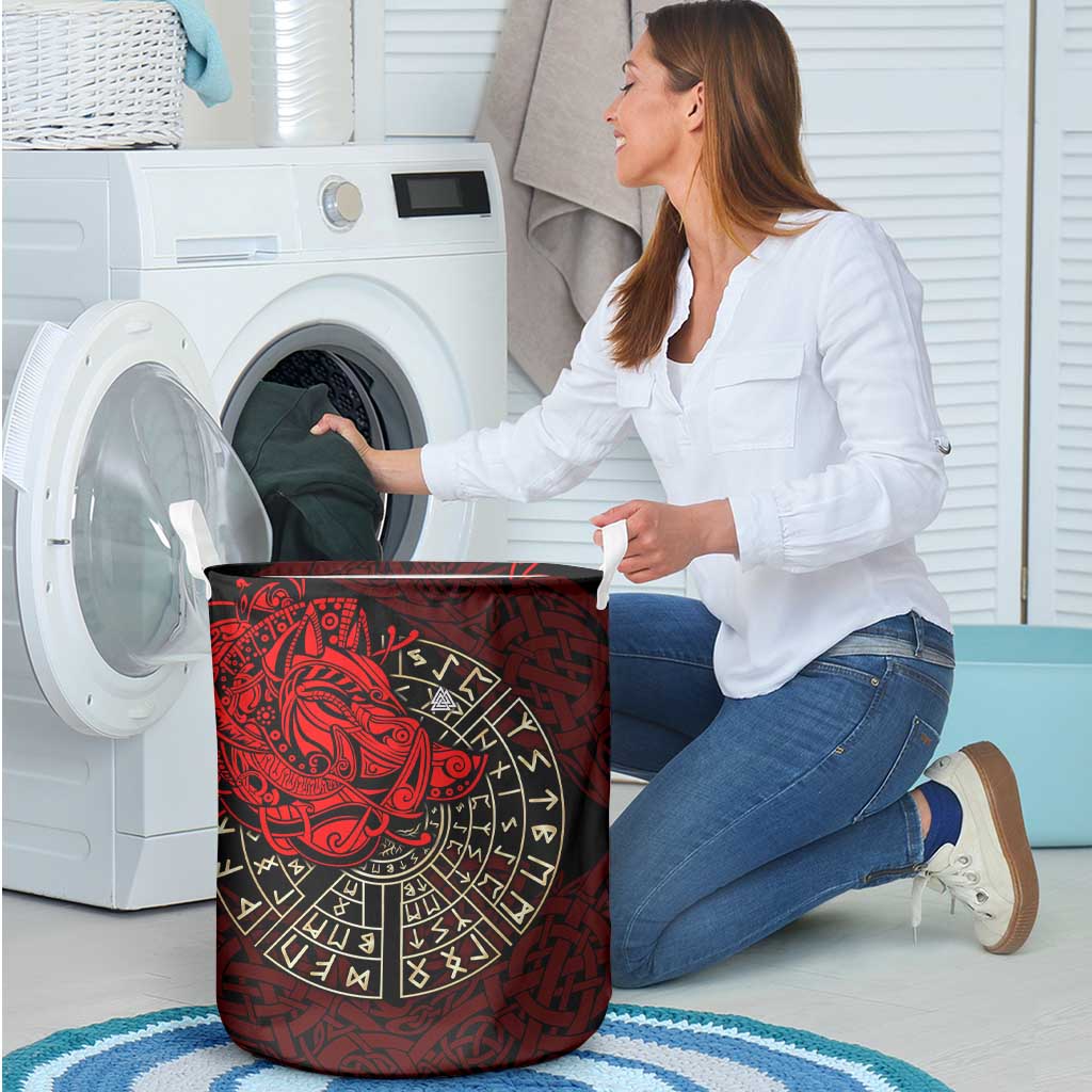 Yggdrasil Laundry Basket with Red Norse Dragon and Runes Viking Heritage Tribute - Wonder Print Shop
