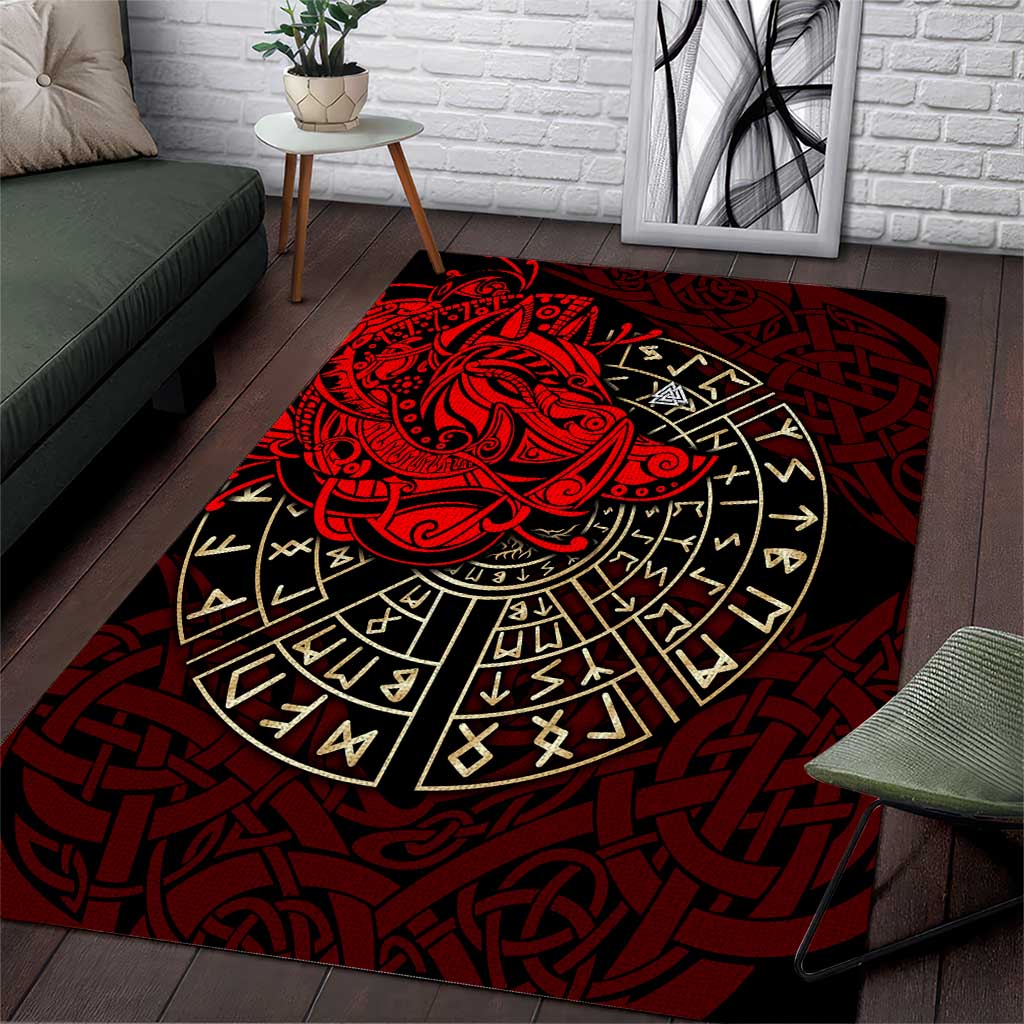 Yggdrasil Area Rug with Red Norse Dragon and Runes Viking Heritage Tribute - Wonder Print Shop