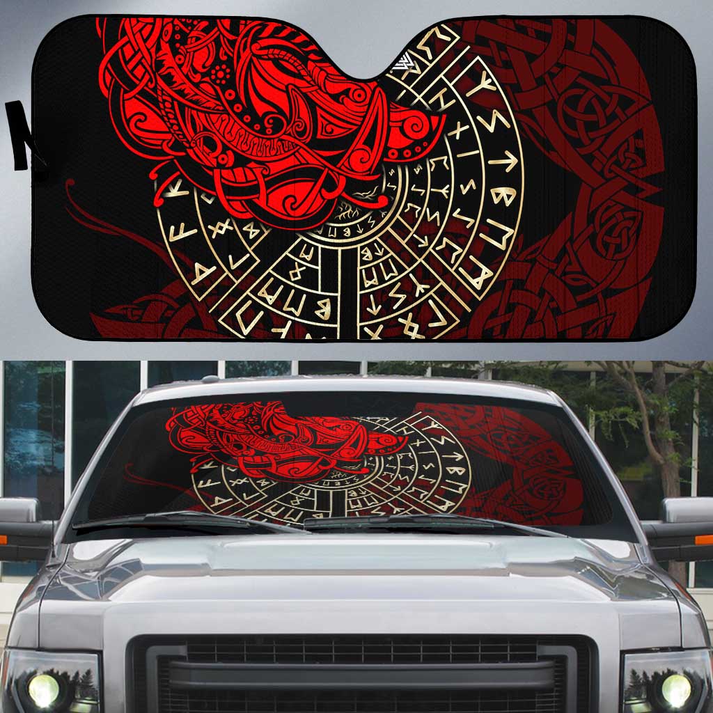 Yggdrasil Auto Sun Shade with Red Norse Dragon and Runes Viking Heritage Tribute - Wonder Print Shop