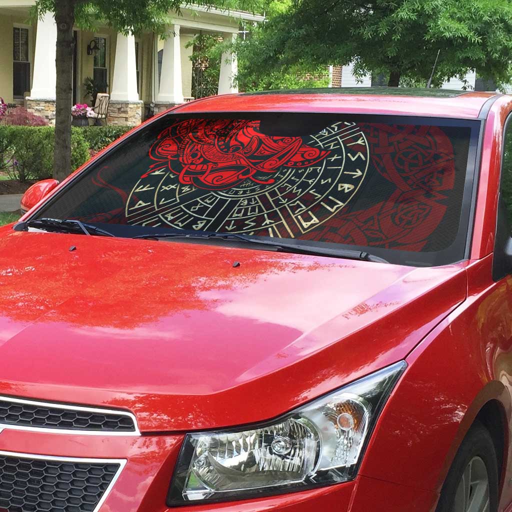 Yggdrasil Auto Sun Shade with Red Norse Dragon and Runes Viking Heritage Tribute - Wonder Print Shop