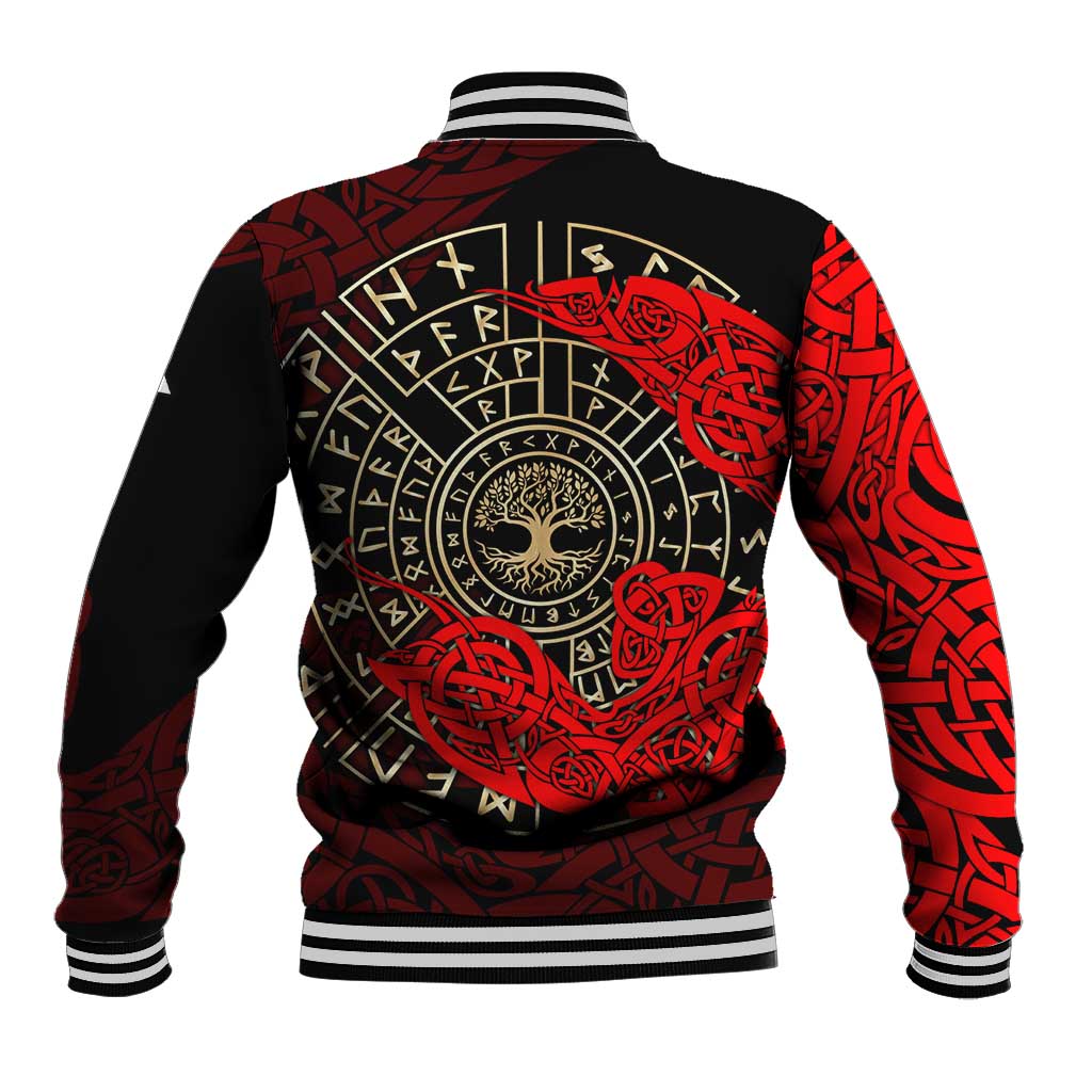 Yggdrasil Baseball Jacket with Red Norse Dragon and Runes Viking Heritage Tribute - Wonder Print Shop
