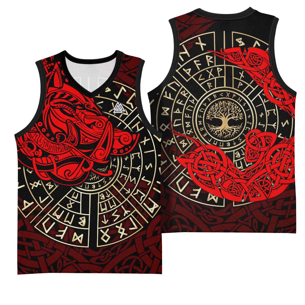 Yggdrasil Basketball Jersey with Red Norse Dragon and Runes Viking Heritage Tribute - Wonder Print Shop