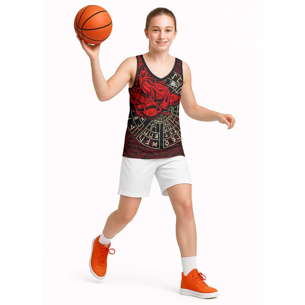 Yggdrasil Basketball Jersey with Red Norse Dragon and Runes Viking Heritage Tribute - Wonder Print Shop