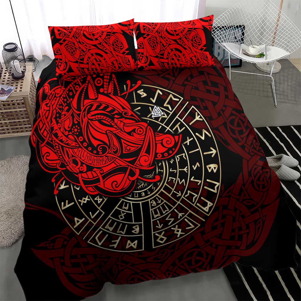 Yggdrasil Bedding Set with Red Norse Dragon and Runes Viking Heritage Tribute - Wonder Print Shop