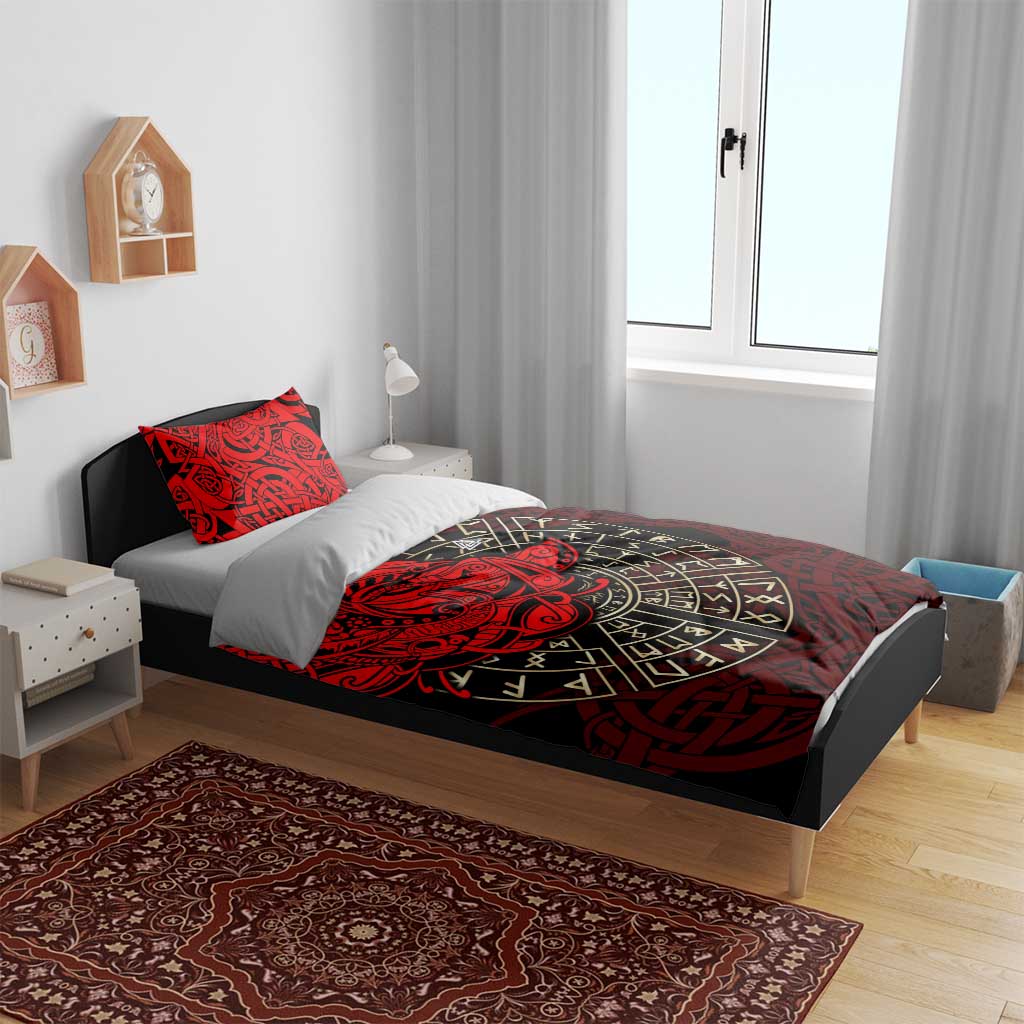 Yggdrasil Bedding Set with Red Norse Dragon and Runes Viking Heritage Tribute - Wonder Print Shop