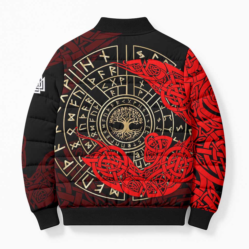 Yggdrasil Bomber Puffer Jacket with Red Norse Dragon and Runes Viking Heritage Tribute - Wonder Print Shop