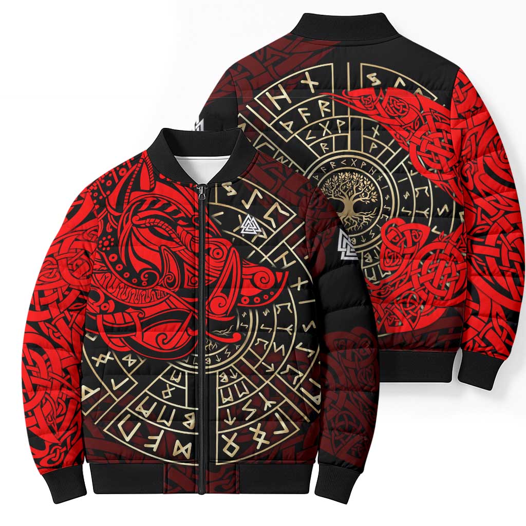 Yggdrasil Bomber Puffer Jacket with Red Norse Dragon and Runes Viking Heritage Tribute - Wonder Print Shop