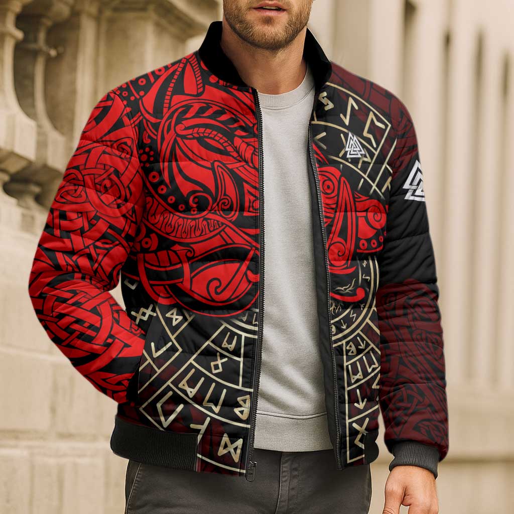 Yggdrasil Bomber Puffer Jacket with Red Norse Dragon and Runes Viking Heritage Tribute - Wonder Print Shop