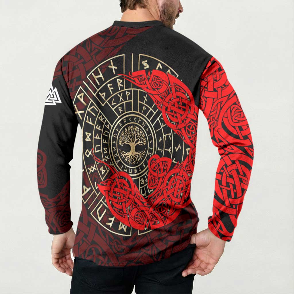 Yggdrasil Button Sweatshirt with Red Norse Dragon and Runes Viking Heritage Tribute - Wonder Print Shop