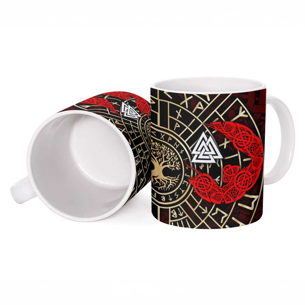 Yggdrasil Ceramic Mug with Red Norse Dragon and Runes Viking Heritage Tribute - Wonder Print Shop
