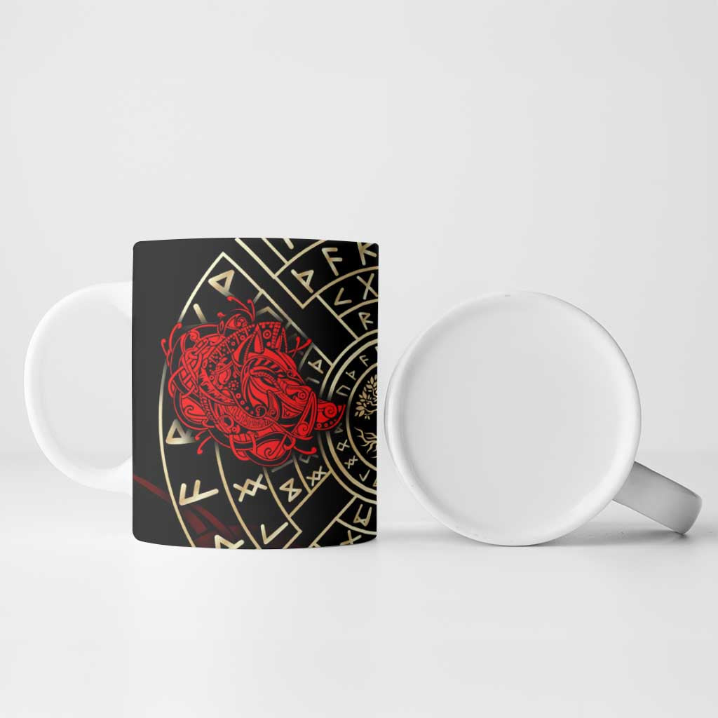 Yggdrasil Ceramic Mug with Red Norse Dragon and Runes Viking Heritage Tribute - Wonder Print Shop