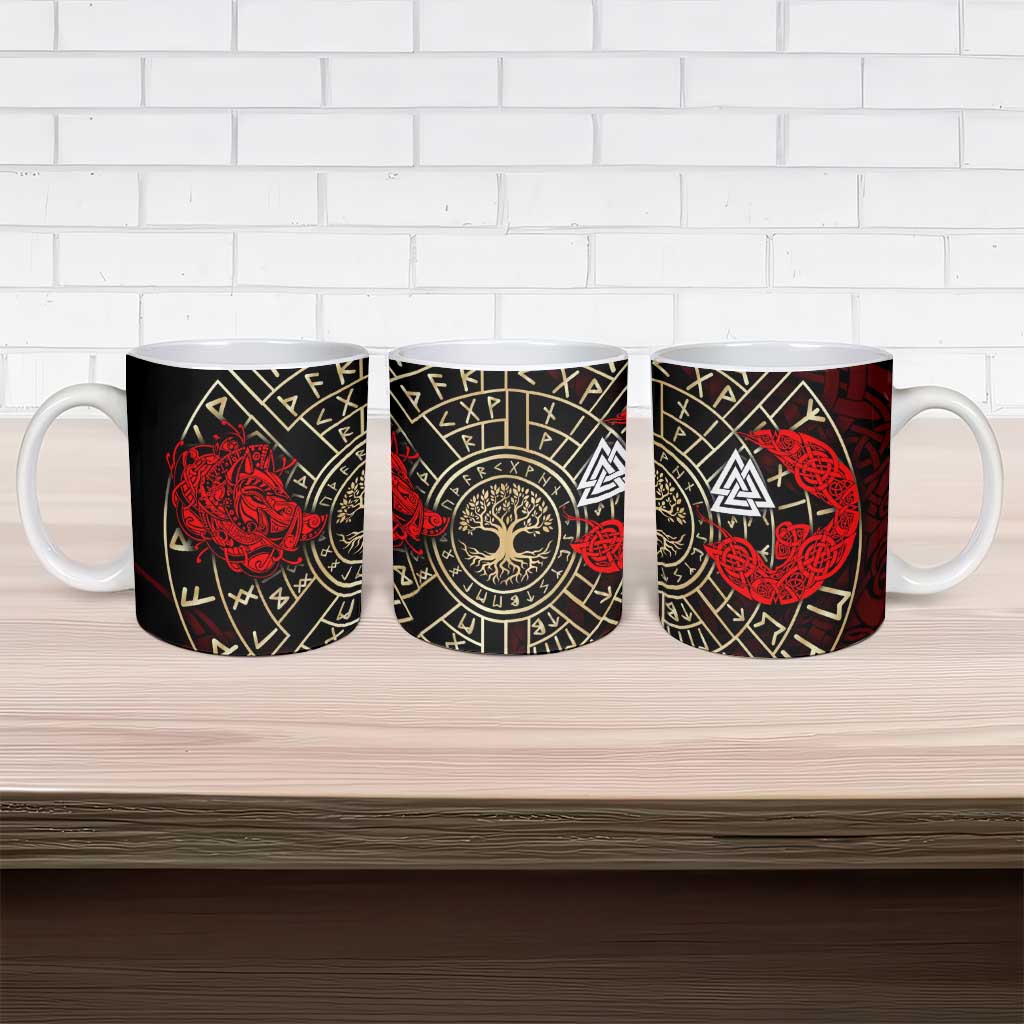 Yggdrasil Ceramic Mug with Red Norse Dragon and Runes Viking Heritage Tribute - Wonder Print Shop