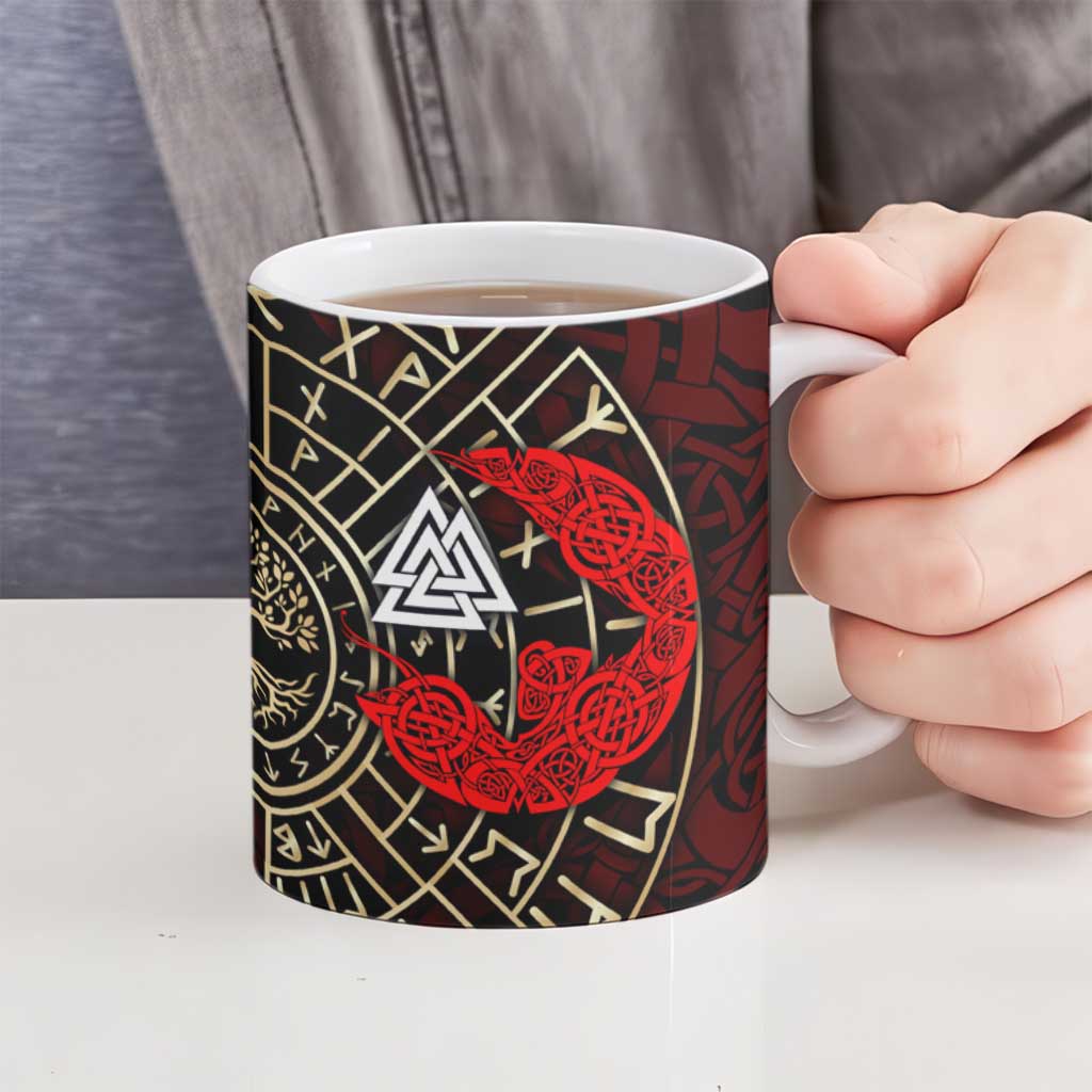 Yggdrasil Ceramic Mug with Red Norse Dragon and Runes Viking Heritage Tribute - Wonder Print Shop