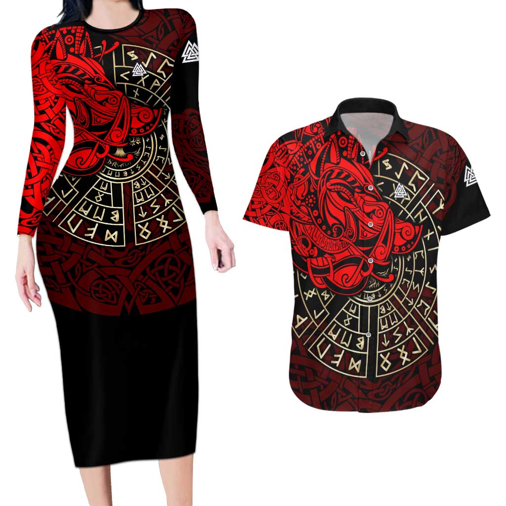 Yggdrasil Couples Matching Long Sleeve Bodycon Dress and Hawaiian Shirt with Red Norse Dragon and Runes Viking Heritage Tribute - Wonder Print Shop