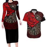 Yggdrasil Couples Matching Long Sleeve Bodycon Dress and Hawaiian Shirt with Red Norse Dragon and Runes Viking Heritage Tribute - Wonder Print Shop
