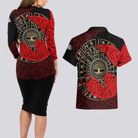 Yggdrasil Couples Matching Long Sleeve Bodycon Dress and Hawaiian Shirt with Red Norse Dragon and Runes Viking Heritage Tribute - Wonder Print Shop