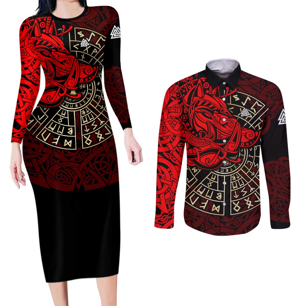 Yggdrasil Couples Matching Long Sleeve Bodycon Dress and Long Sleeve Button Shirt with Red Norse Dragon and Runes Viking Heritage Tribute - Wonder Print Shop