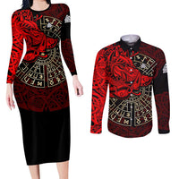 Yggdrasil Couples Matching Long Sleeve Bodycon Dress and Long Sleeve Button Shirt with Red Norse Dragon and Runes Viking Heritage Tribute - Wonder Print Shop