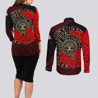 Yggdrasil Couples Matching Long Sleeve Bodycon Dress and Long Sleeve Button Shirt with Red Norse Dragon and Runes Viking Heritage Tribute - Wonder Print Shop