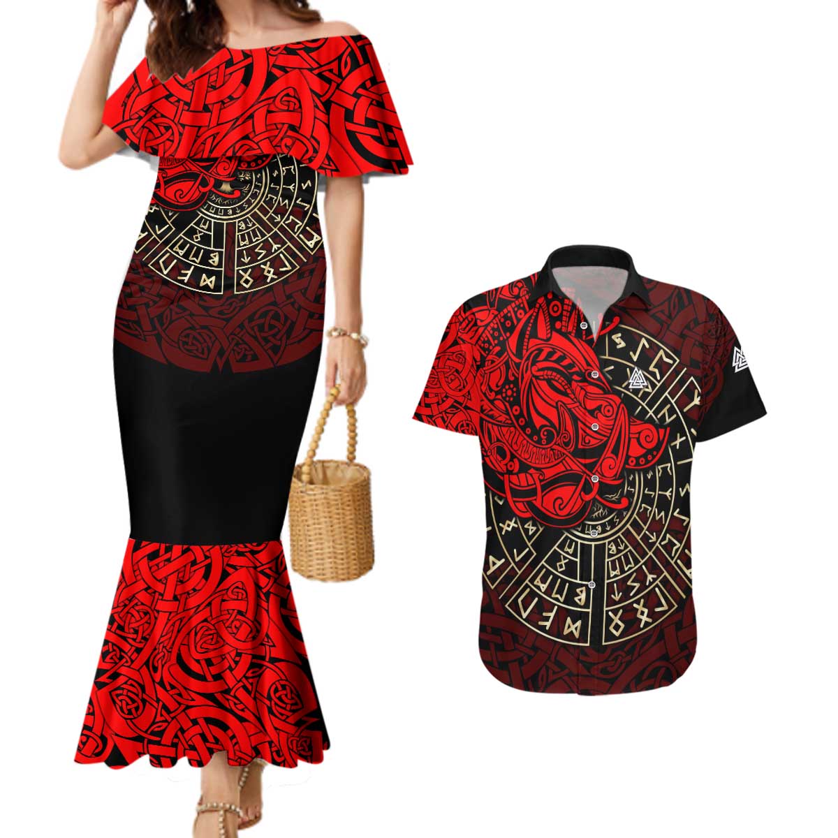 Yggdrasil Couples Matching Mermaid Dress and Hawaiian Shirt with Red Norse Dragon and Runes Viking Heritage Tribute - Wonder Print Shop