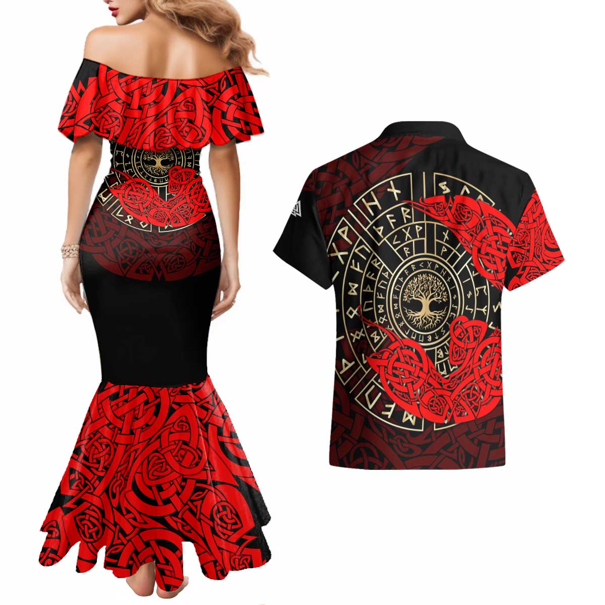 Yggdrasil Couples Matching Mermaid Dress and Hawaiian Shirt with Red Norse Dragon and Runes Viking Heritage Tribute - Wonder Print Shop