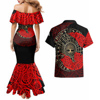 Yggdrasil Couples Matching Mermaid Dress and Hawaiian Shirt with Red Norse Dragon and Runes Viking Heritage Tribute - Wonder Print Shop