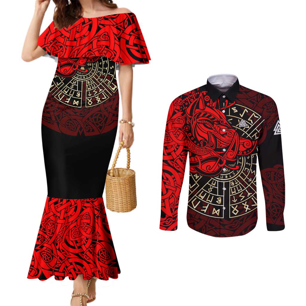 Yggdrasil Couples Matching Mermaid Dress and Long Sleeve Button Shirt with Red Norse Dragon and Runes Viking Heritage Tribute - Wonder Print Shop