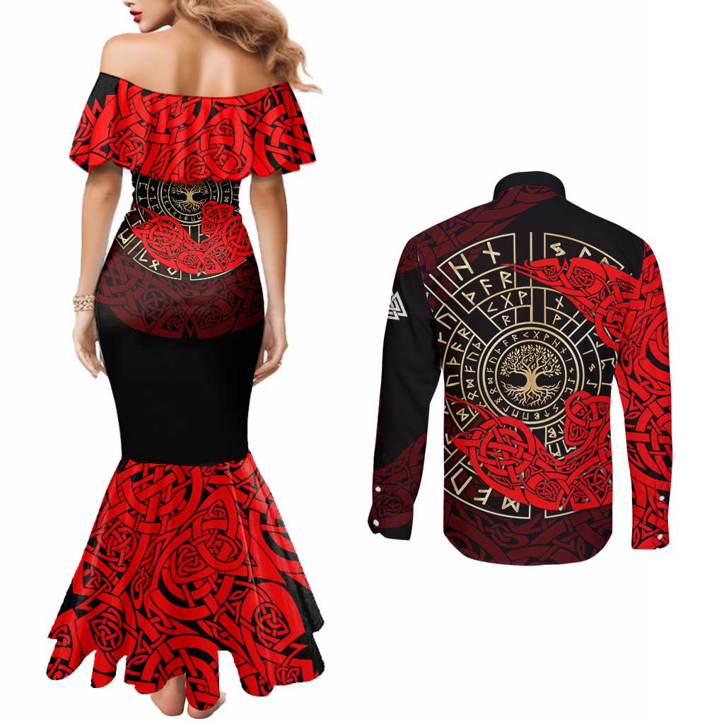 Yggdrasil Couples Matching Mermaid Dress and Long Sleeve Button Shirt with Red Norse Dragon and Runes Viking Heritage Tribute - Wonder Print Shop
