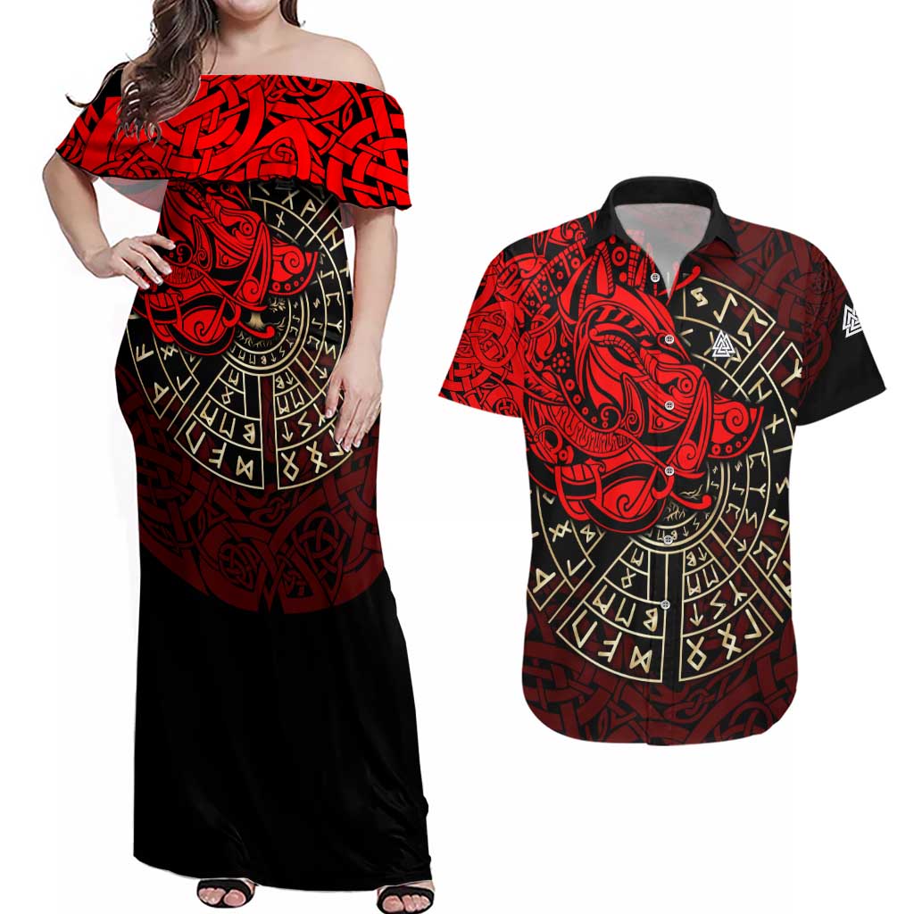 Yggdrasil Couples Matching Off Shoulder Maxi Dress and Hawaiian Shirt with Red Norse Dragon and Runes Viking Heritage Tribute - Wonder Print Shop