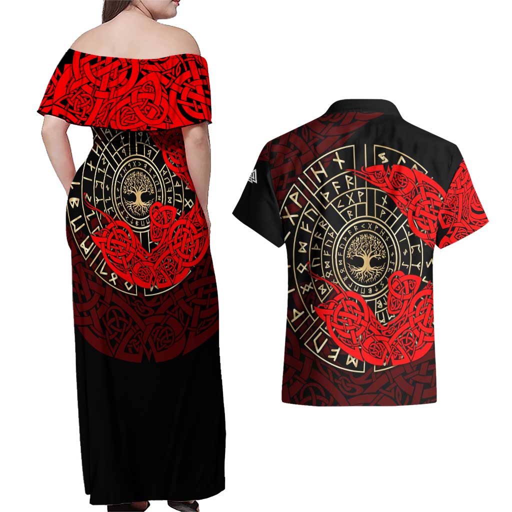 Yggdrasil Couples Matching Off Shoulder Maxi Dress and Hawaiian Shirt with Red Norse Dragon and Runes Viking Heritage Tribute - Wonder Print Shop