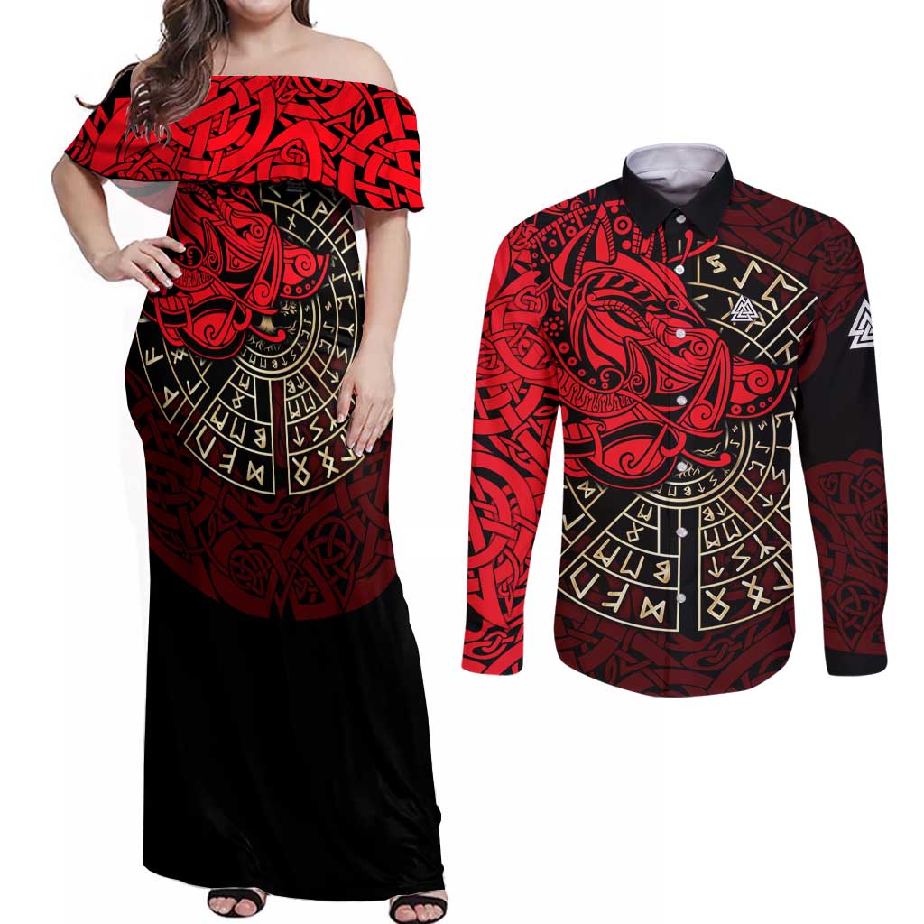 Yggdrasil Couples Matching Off Shoulder Maxi Dress and Long Sleeve Button Shirt with Red Norse Dragon and Runes Viking Heritage Tribute - Wonder Print Shop