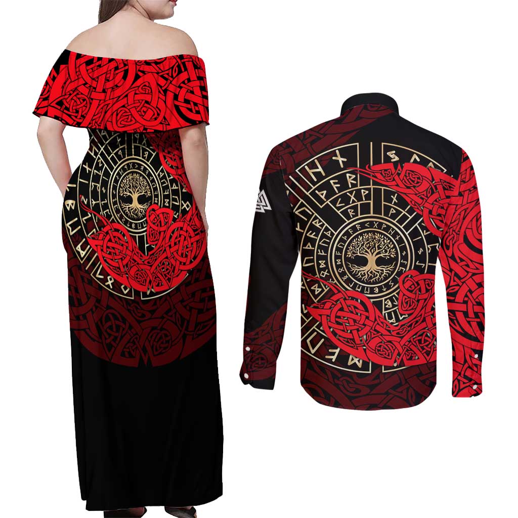 Yggdrasil Couples Matching Off Shoulder Maxi Dress and Long Sleeve Button Shirt with Red Norse Dragon and Runes Viking Heritage Tribute - Wonder Print Shop