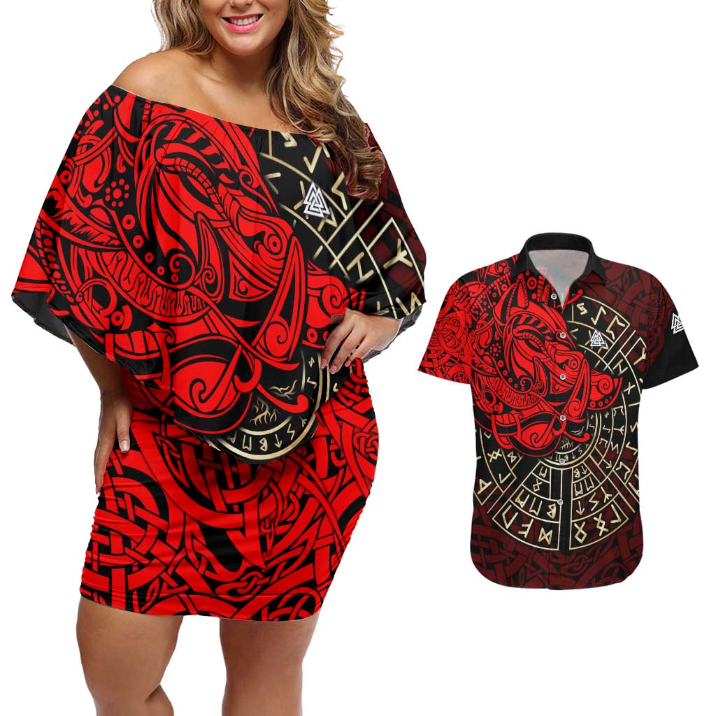 Yggdrasil Couples Matching Off Shoulder Short Dress and Hawaiian Shirt with Red Norse Dragon and Runes Viking Heritage Tribute - Wonder Print Shop