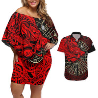 Yggdrasil Couples Matching Off Shoulder Short Dress and Hawaiian Shirt with Red Norse Dragon and Runes Viking Heritage Tribute - Wonder Print Shop