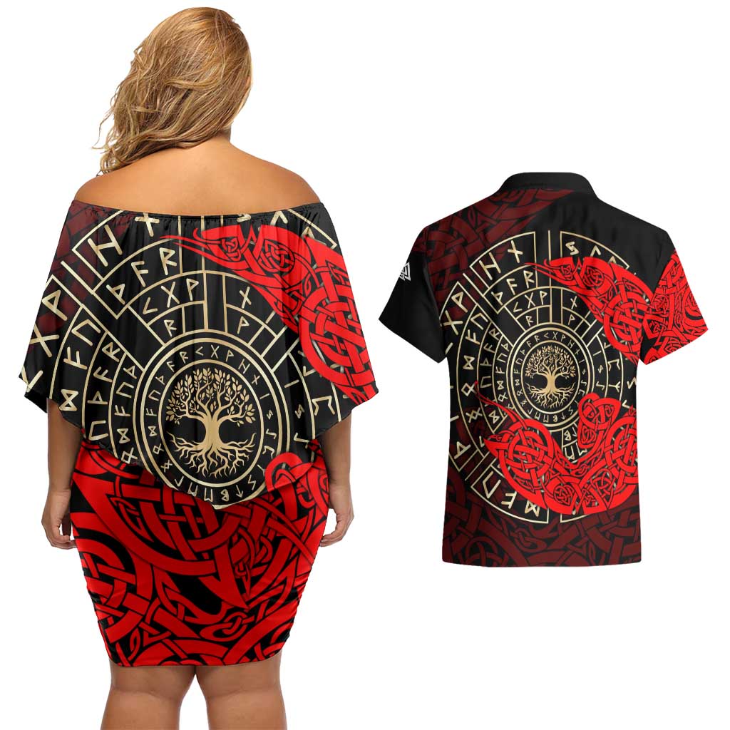 Yggdrasil Couples Matching Off Shoulder Short Dress and Hawaiian Shirt with Red Norse Dragon and Runes Viking Heritage Tribute - Wonder Print Shop