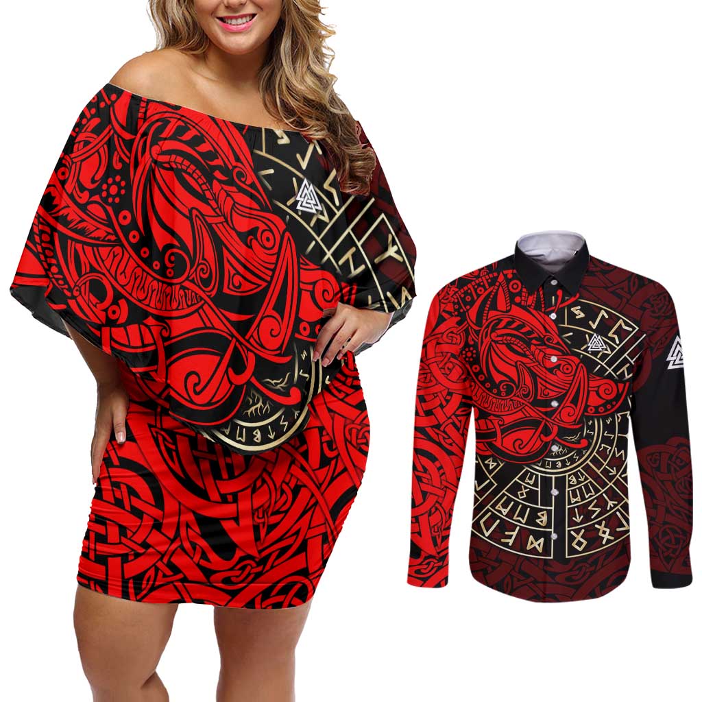 Yggdrasil Couples Matching Off Shoulder Short Dress and Long Sleeve Button Shirt with Red Norse Dragon and Runes Viking Heritage Tribute - Wonder Print Shop